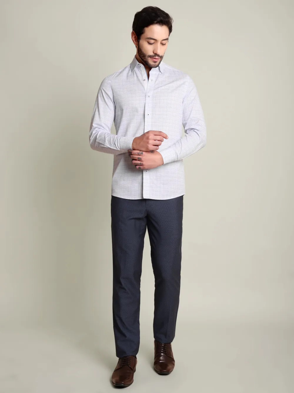 Pure Cotton White Yarn Dyed Checked Shirt - Twill Weave
